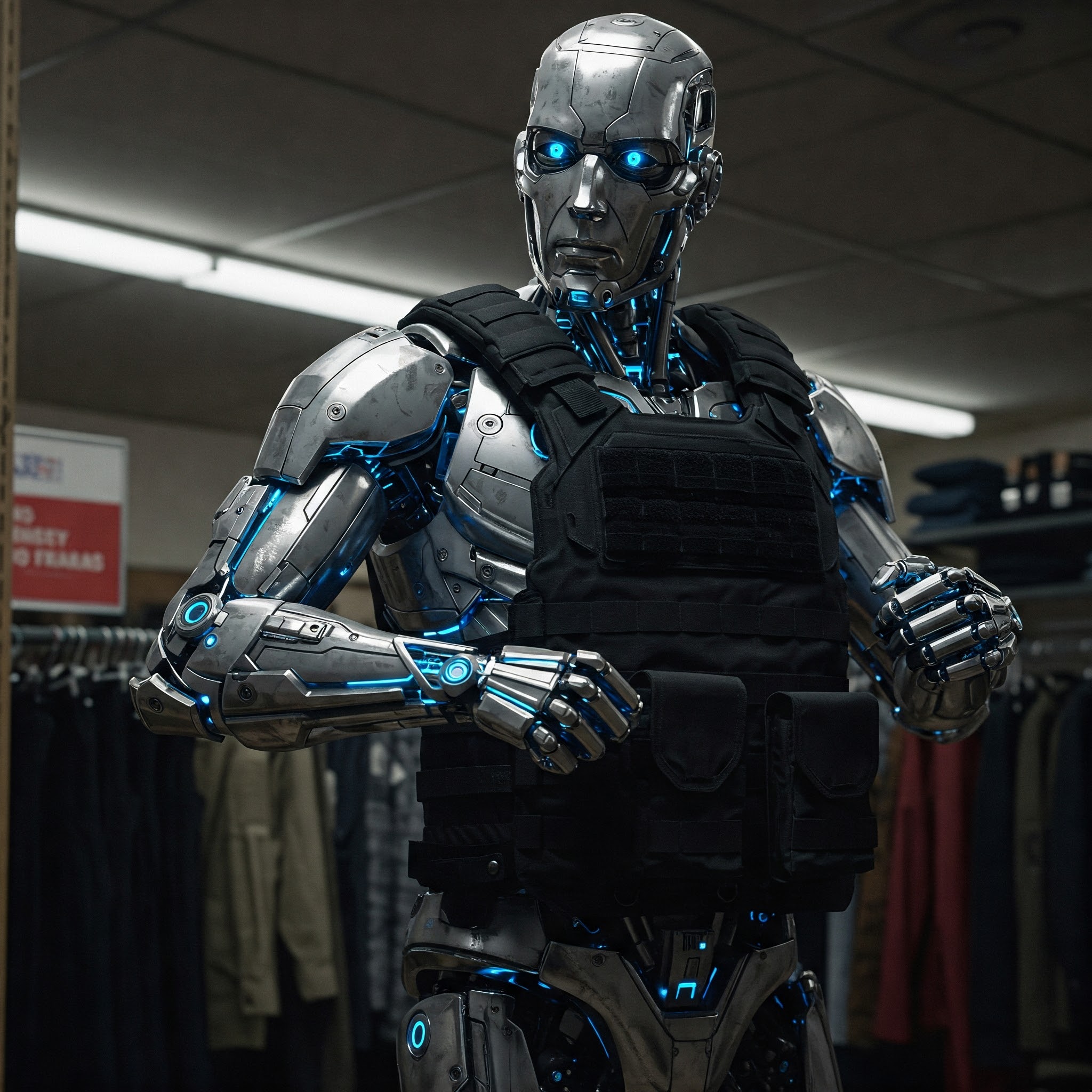 Cyborg in clothing store looking in mirror at a bullet-proof vest he tried on