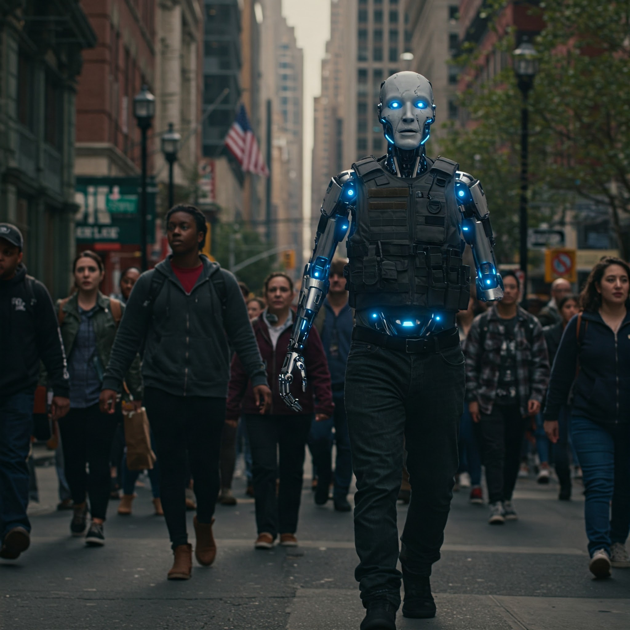 Cybog walking on business city sidewalk in his new tactical gear